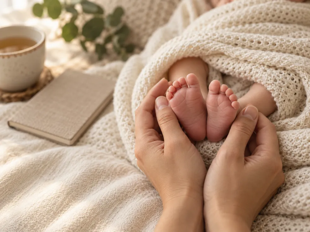 Handen houden de voetjes van een slapende pasgeboren baby vast