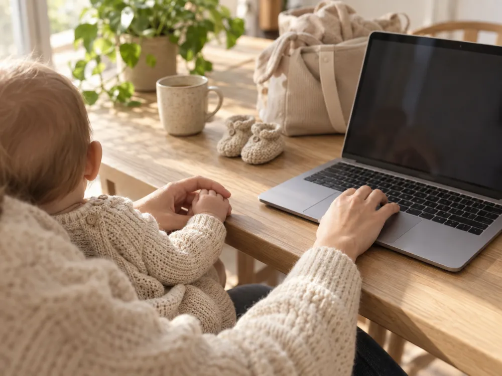 Een ouder aan de keukentafel met laptop en een baby op schoot