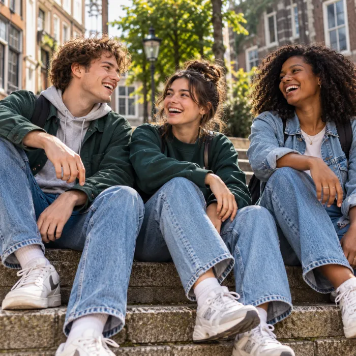Drie vrienden zitten lachend op een trap buiten