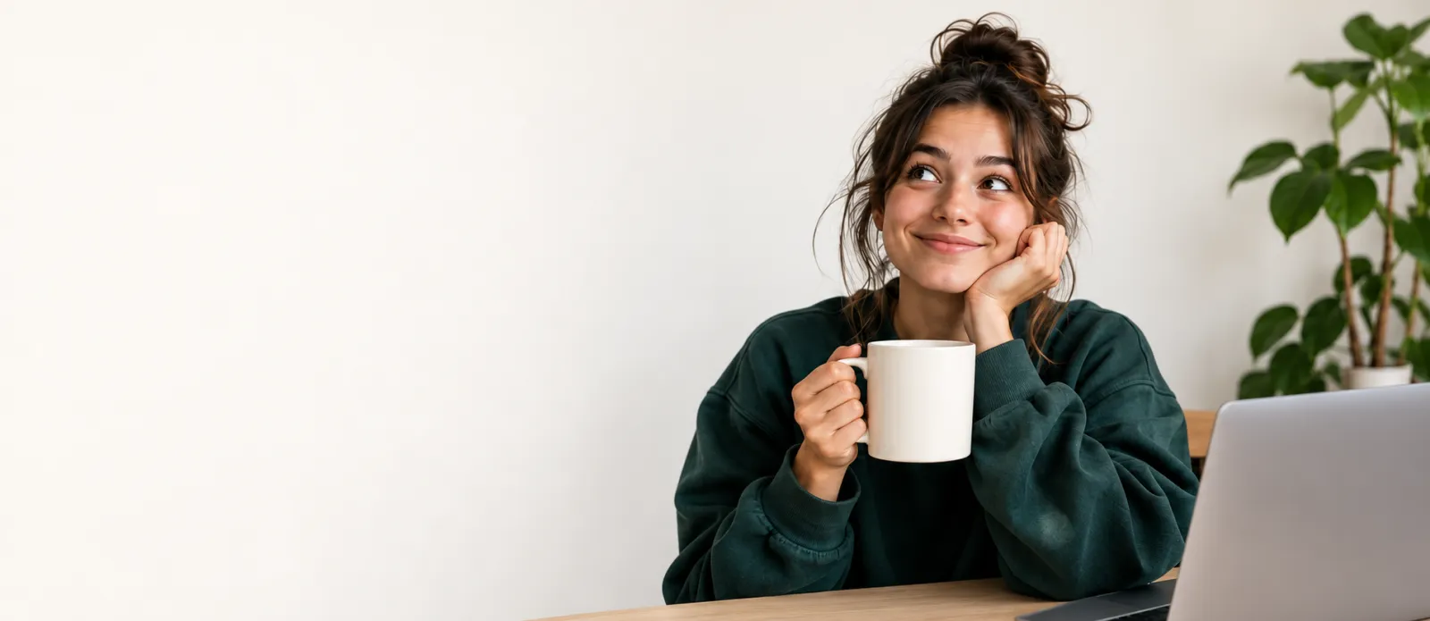 Een student met een mok koffie kijkt glimlachend omhoog