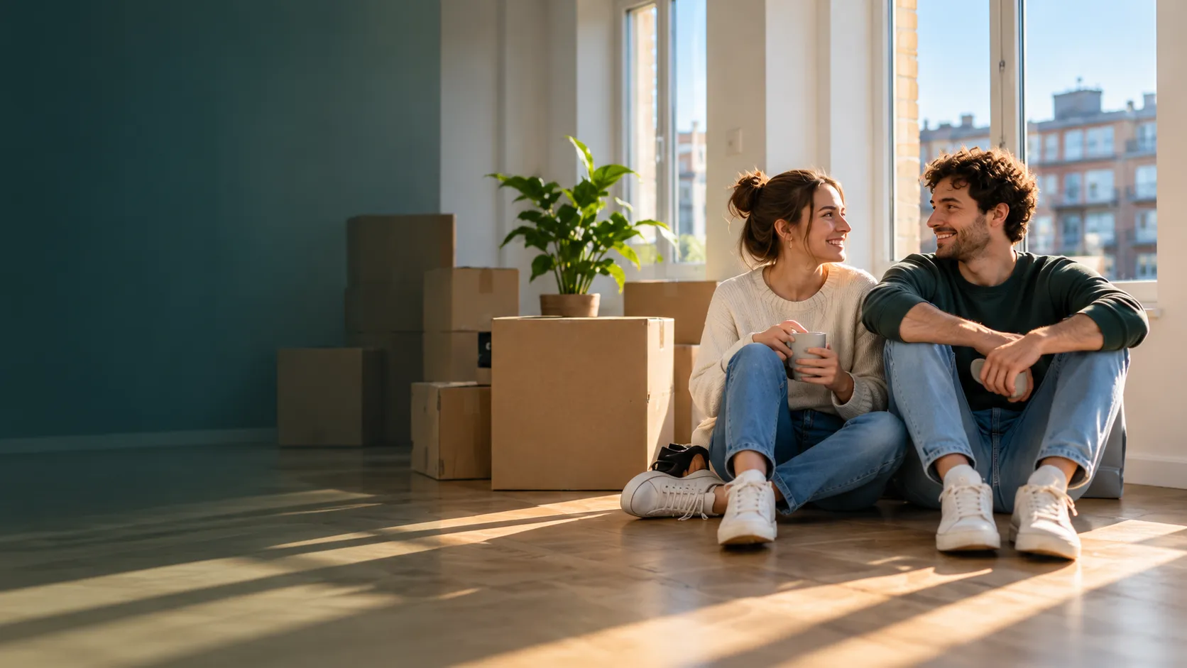 Een stel zit lachend op de vloer van hun nieuwe huis, tussen de verhuisdozen