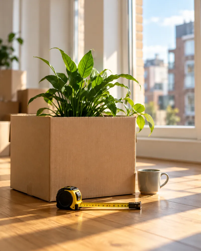 Een plant in een verhuisdoos op een houten vloer in de zon