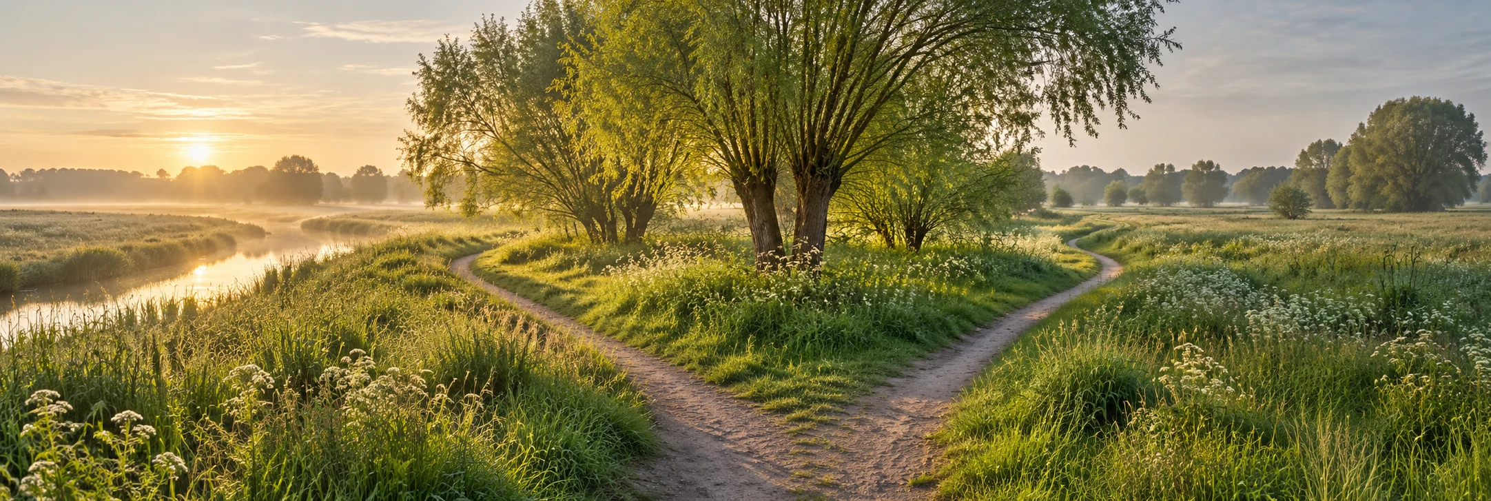 Twee paden door een groene weide in het ochtendlicht