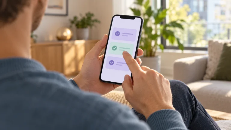Iemand bekijkt een overzicht op een telefoon