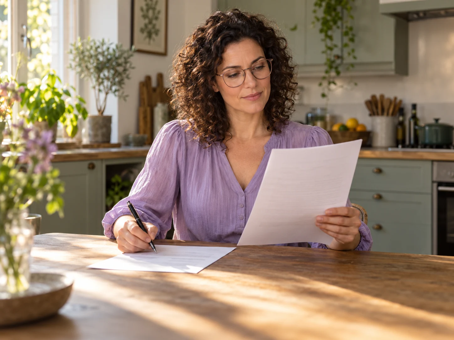 Vrouw die thuis aandachtig haar papieren bekijkt