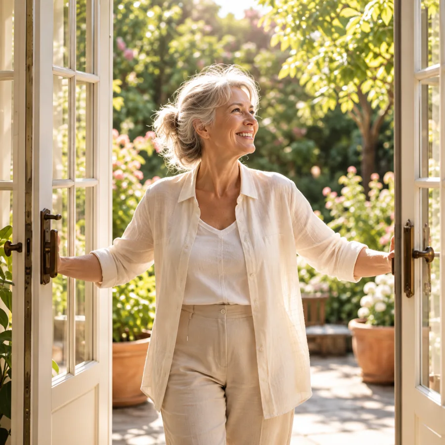 Een vrouw opent glimlachend de tuindeuren
