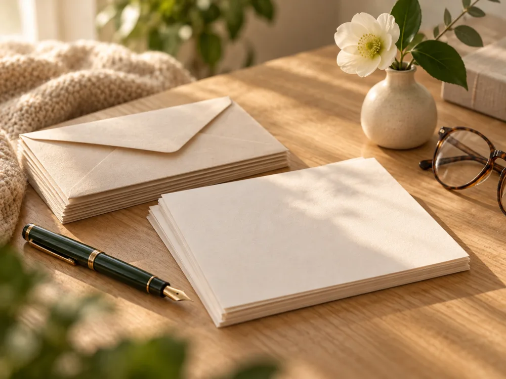 Een stapel enveloppen, een pen en een bril op tafel naast een witte bloem