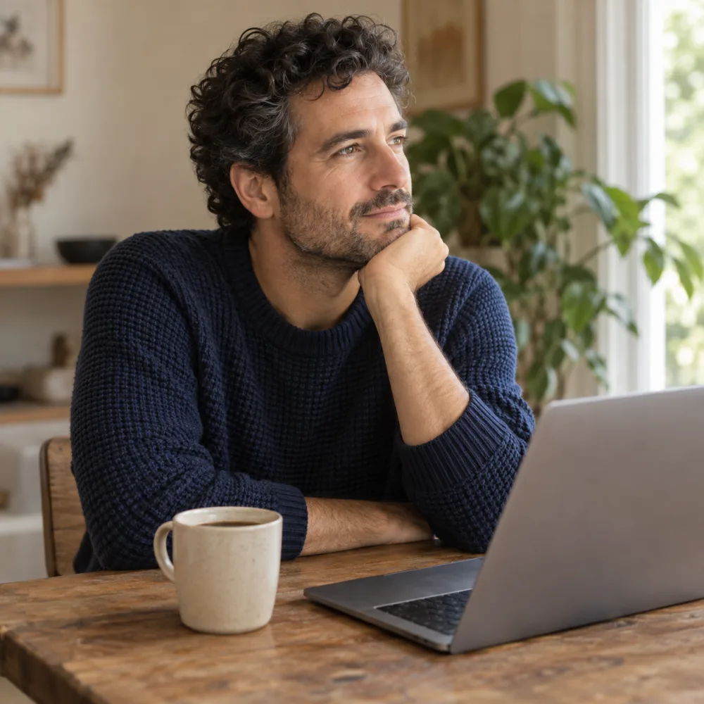 Een man met een kop koffie kijkt nadenkend naar buiten