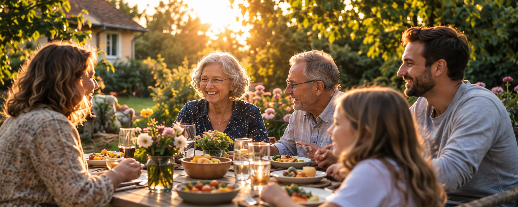 Drie generaties aan een gedekte tafel in de tuin, in de avondzon