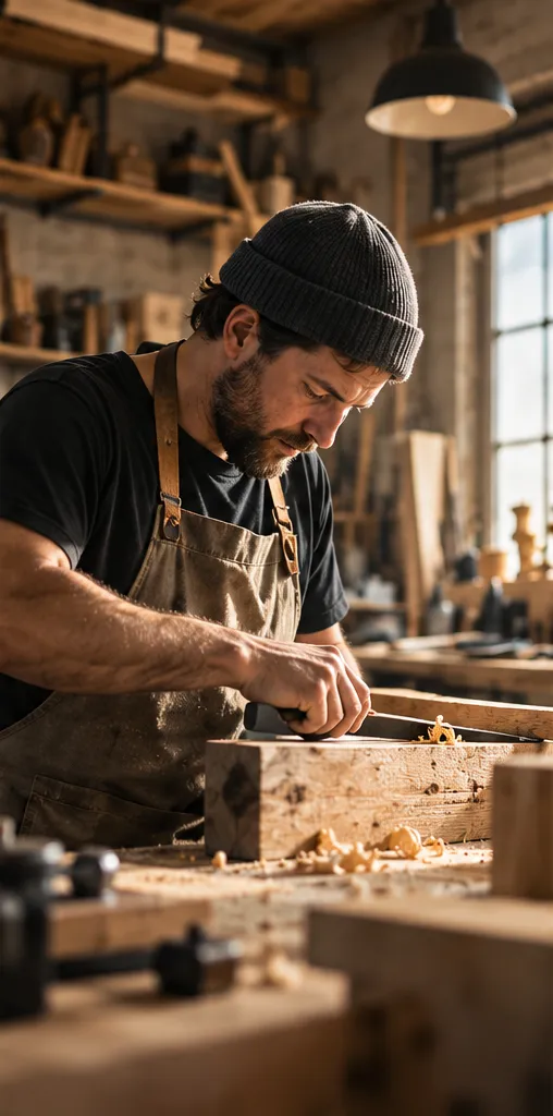 Een meubelmaker schaaft een stuk hout in zijn werkplaats