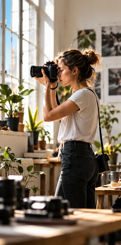 Een fotograaf aan het werk in een licht atelier