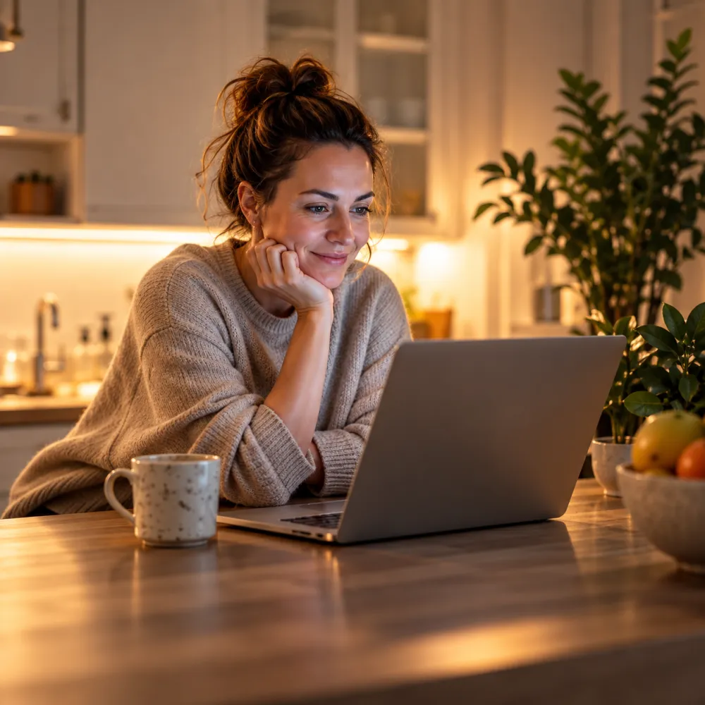 Een vrouw kijkt glimlachend naar haar laptop aan de keukentafel